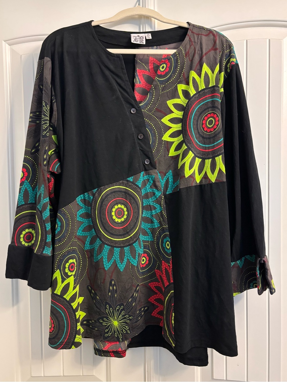 Parsley & Sage Black Tunic with Neon Floral Medallions